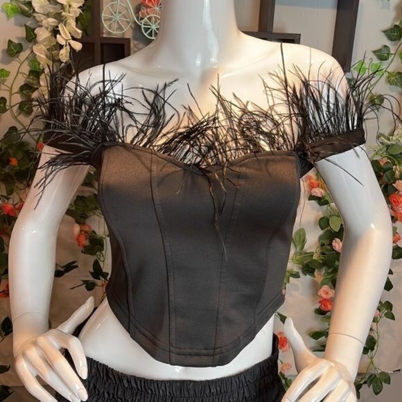 Micas Feathered Trim Off the Shoulders Satin Corset Style Crop Top RefHHH‎ - Picture 3 of 12